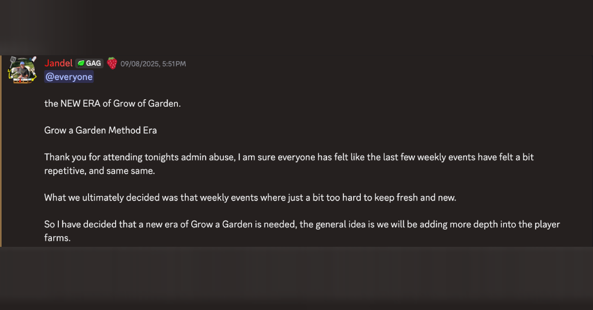 Jandel announces end of weekly updates and introduces new era for Grow a Garden on Discord